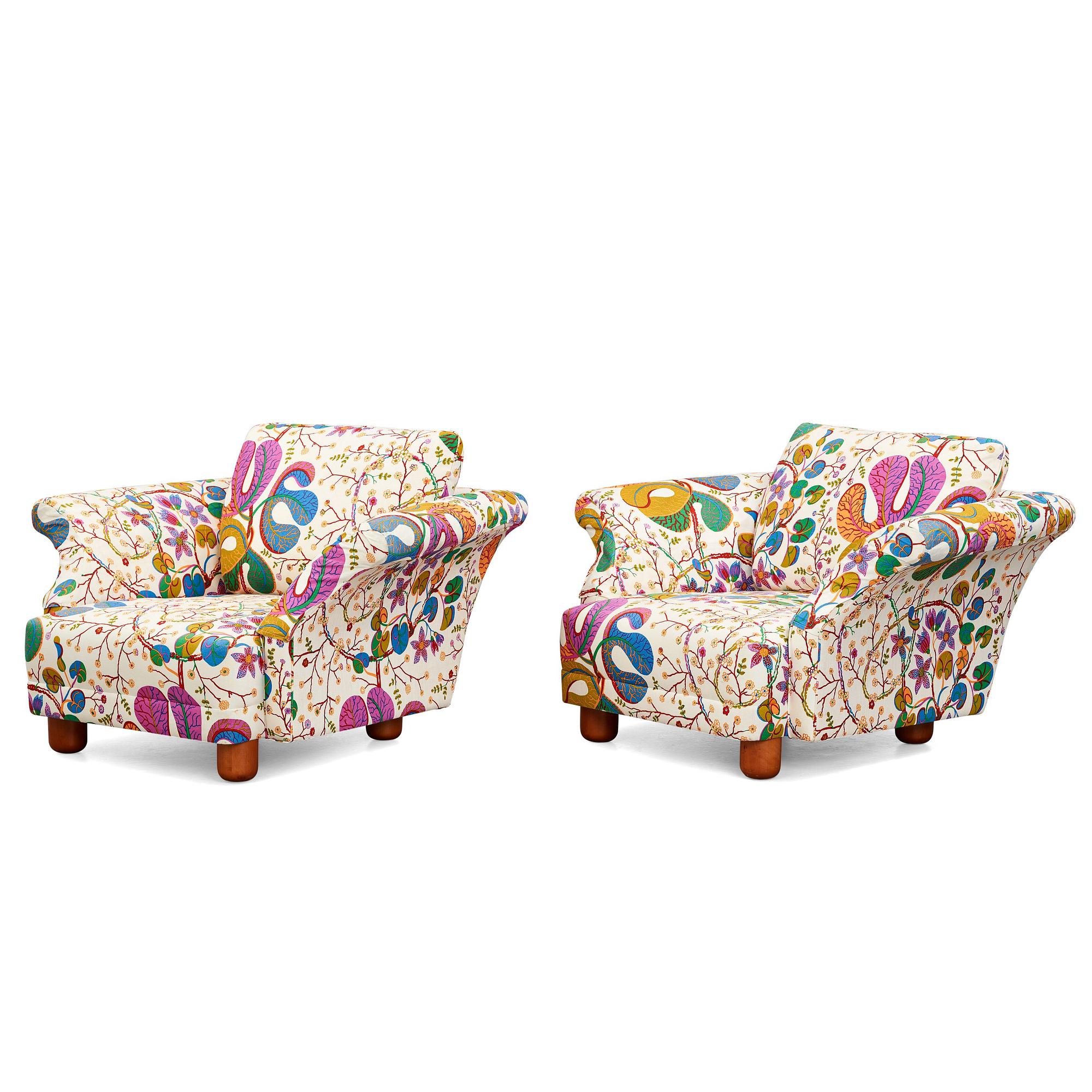 Josef Frank, a pair of "Liljevalchs" easy chairs, Firma Svenskt Tenn, Sweden 2010.