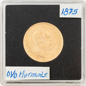 Gold coin, Oscar II, 20 kronor, type I, Sweden 1875.