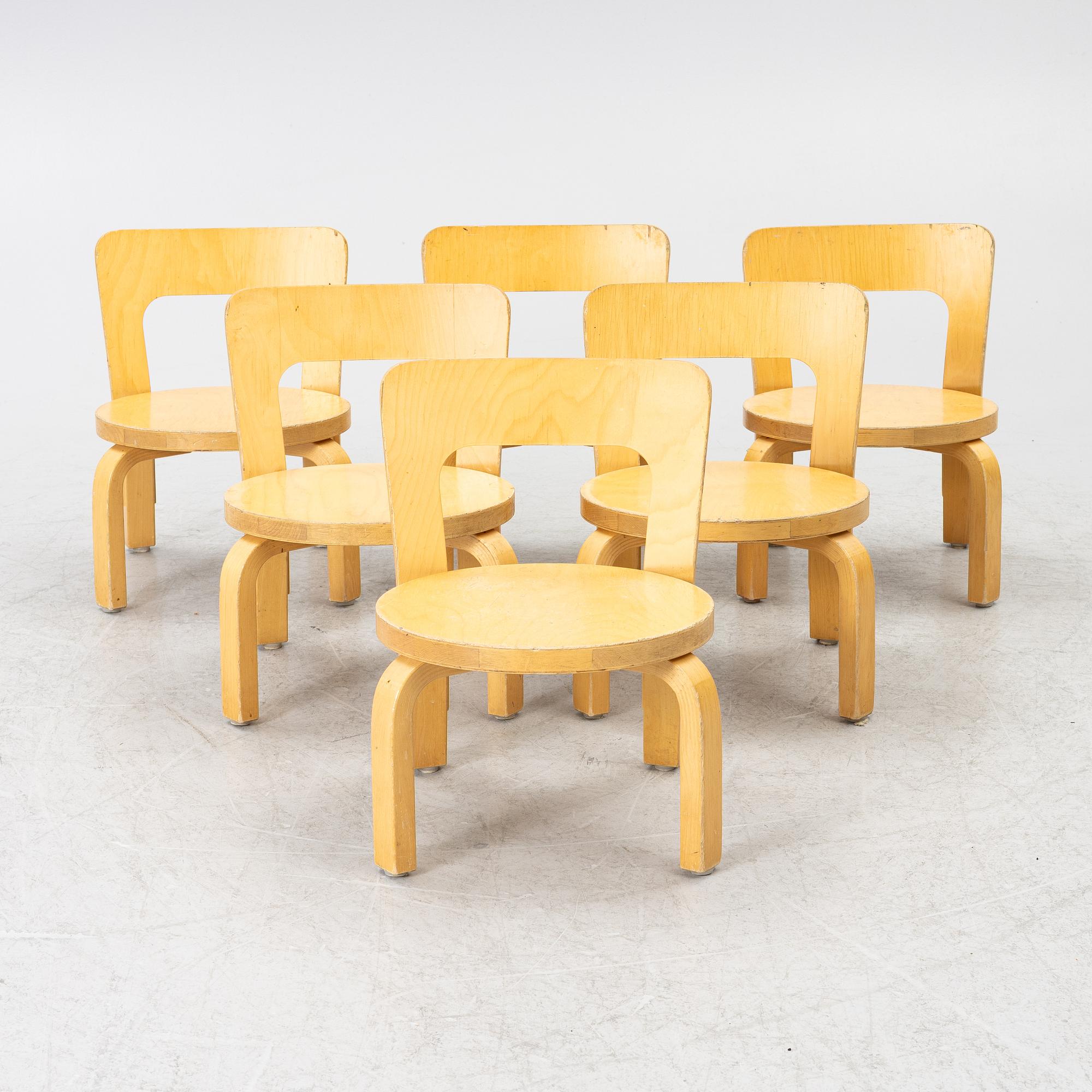 Alvar Aalto, barnstolar, 6 st, Artek, Finland.