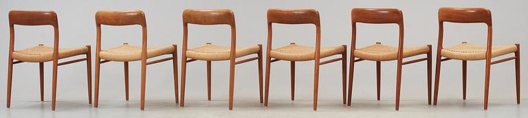 A set of six Niels Ole Møller teak chairs, JL Møller, Højberg, Denmark 1950's-60's.