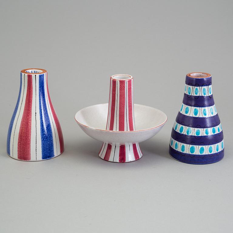 STIG LINDBERG, ljusstakar, 3 st, keramik, fajans 1940-tal, bl a fajansmålare Karin Gustavsson.