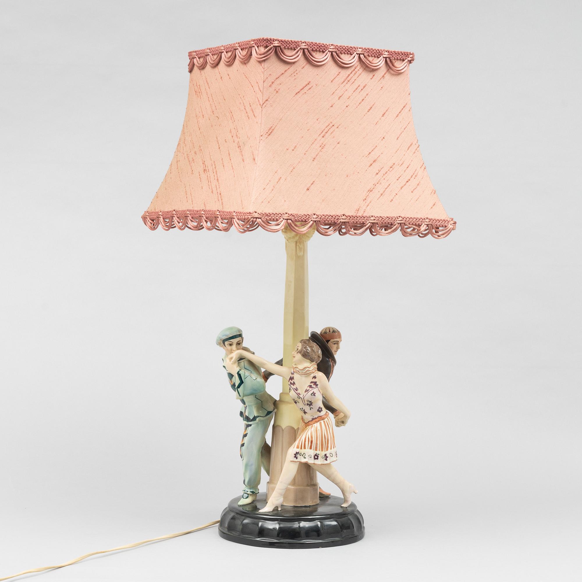 Josef Lorenzl, a creamware table lamp, model 5508, Goldscheider, Vienna, Austria, c. 1925.
