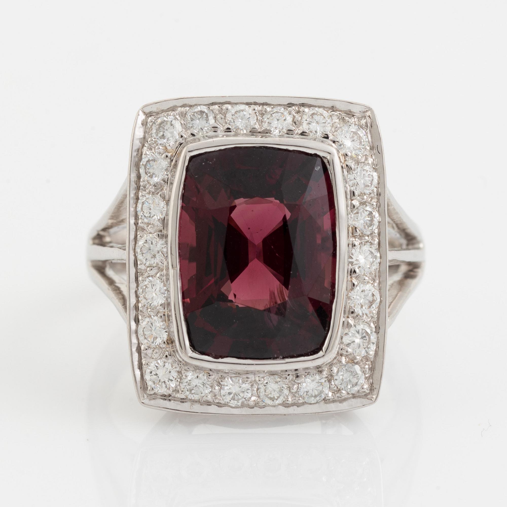Red spinel and brilliant cut diamond cocktail ring.