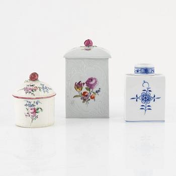 Two German tea caddies and a Swedish custard cup with cover, 20th/18th Century.