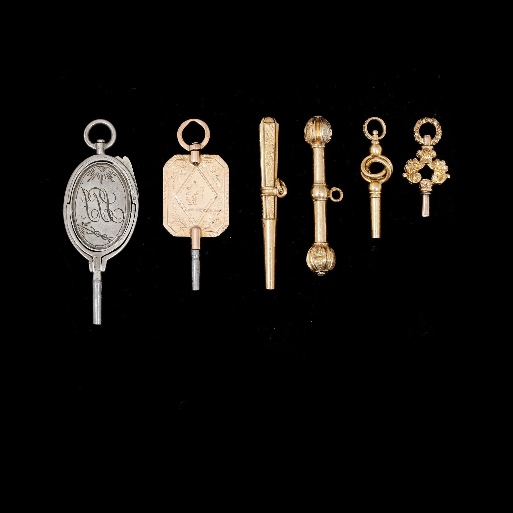 KLOCKNYCKLAR, 6st, varav 5 18k guld o en silver, 1800-1900-tal.