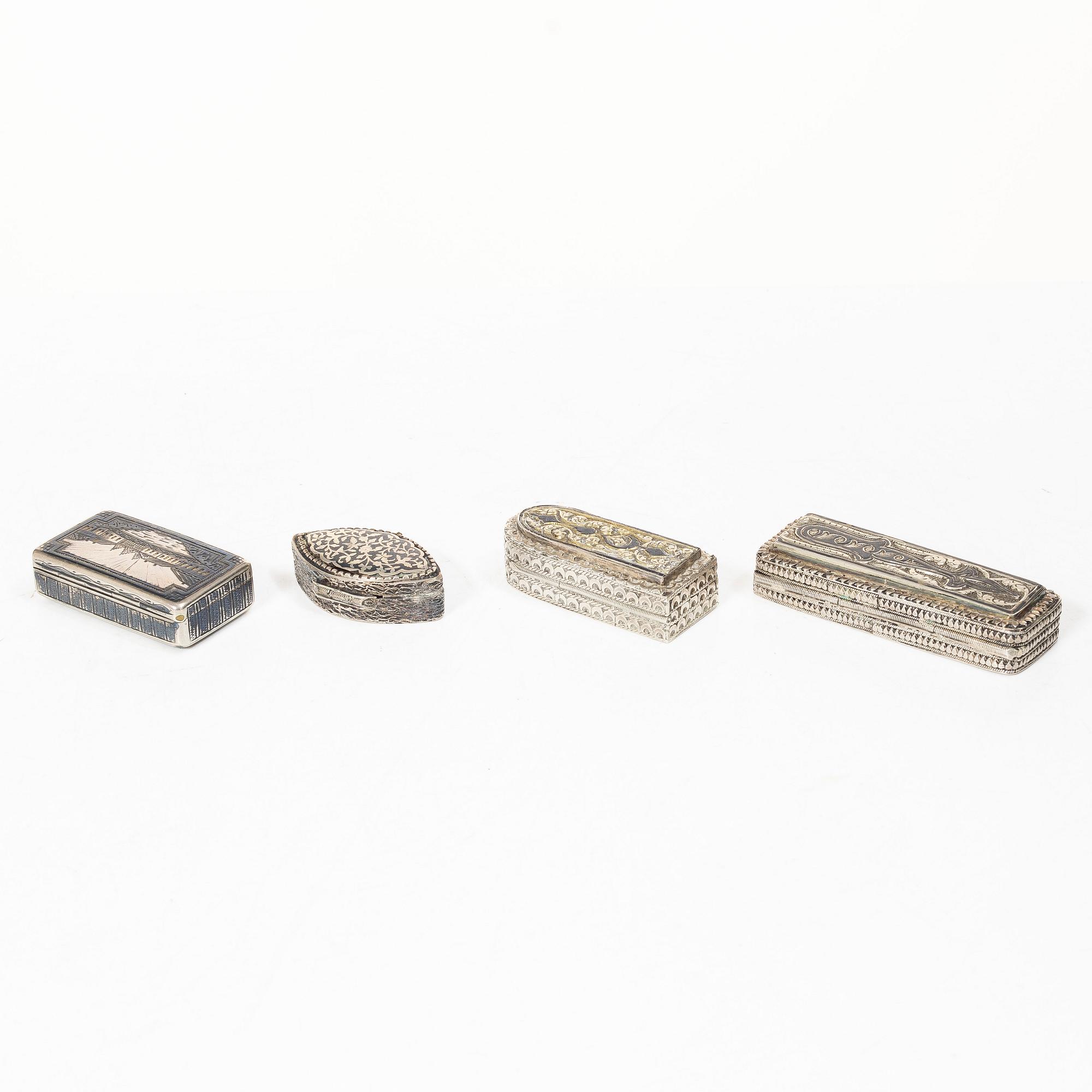 Boxes, 4 pcs, silver and niello, including Moscow, Russia 1873.