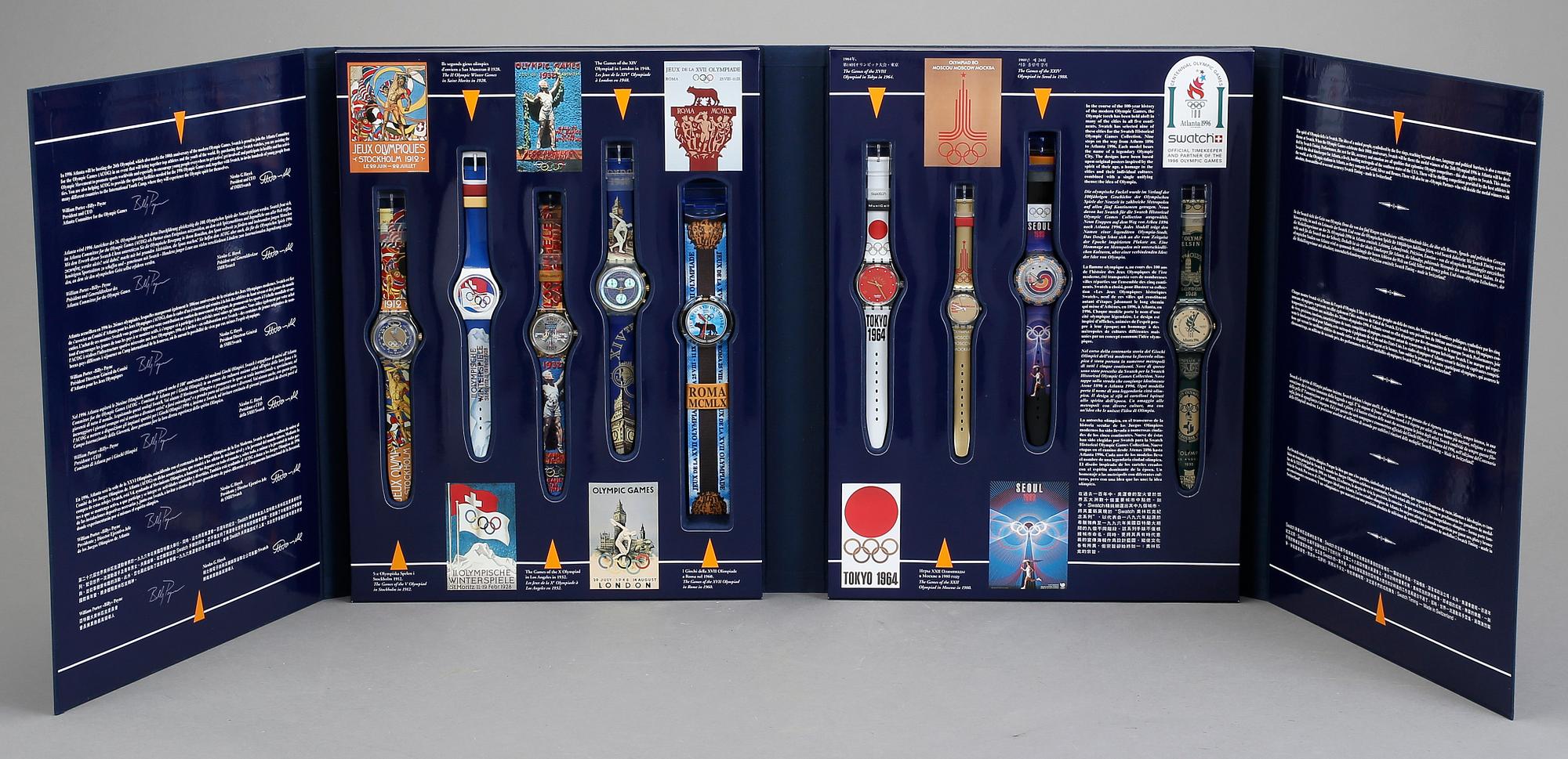 ARMBANDSUR, 9 st, "Swatch Historical Olympic Games Collection", Swatch, 1995.
