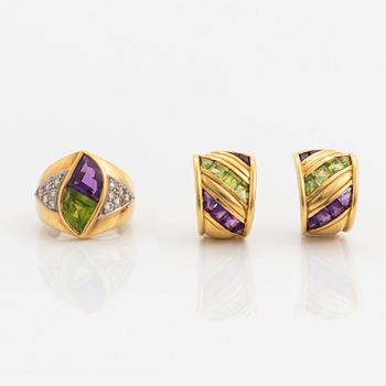 Octavio Sarda, Ring and earings, with brilliant-cut duamonds amethyst and peridot.