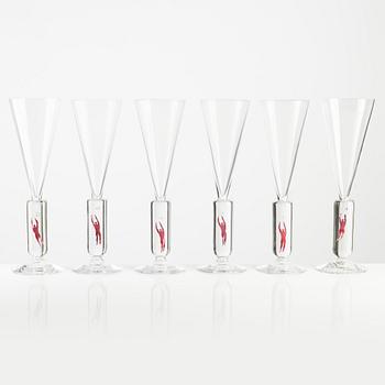 Bertil Vallien, champagne glasses, 6 pcs, "Millennium", Kosta Boda.