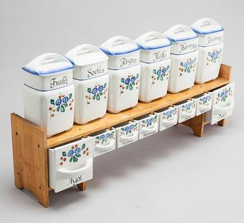 A set of earthenware kitchen jars from Gefle, first half of the 20th century.