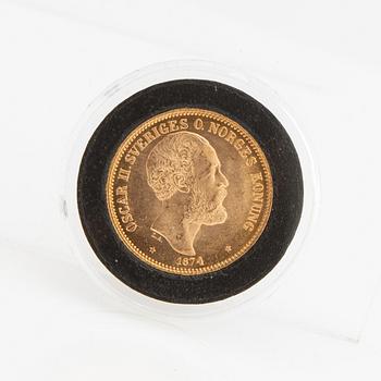 Guldmynt Sverige, Oscar II 20 kr, 1874, felpräglat.