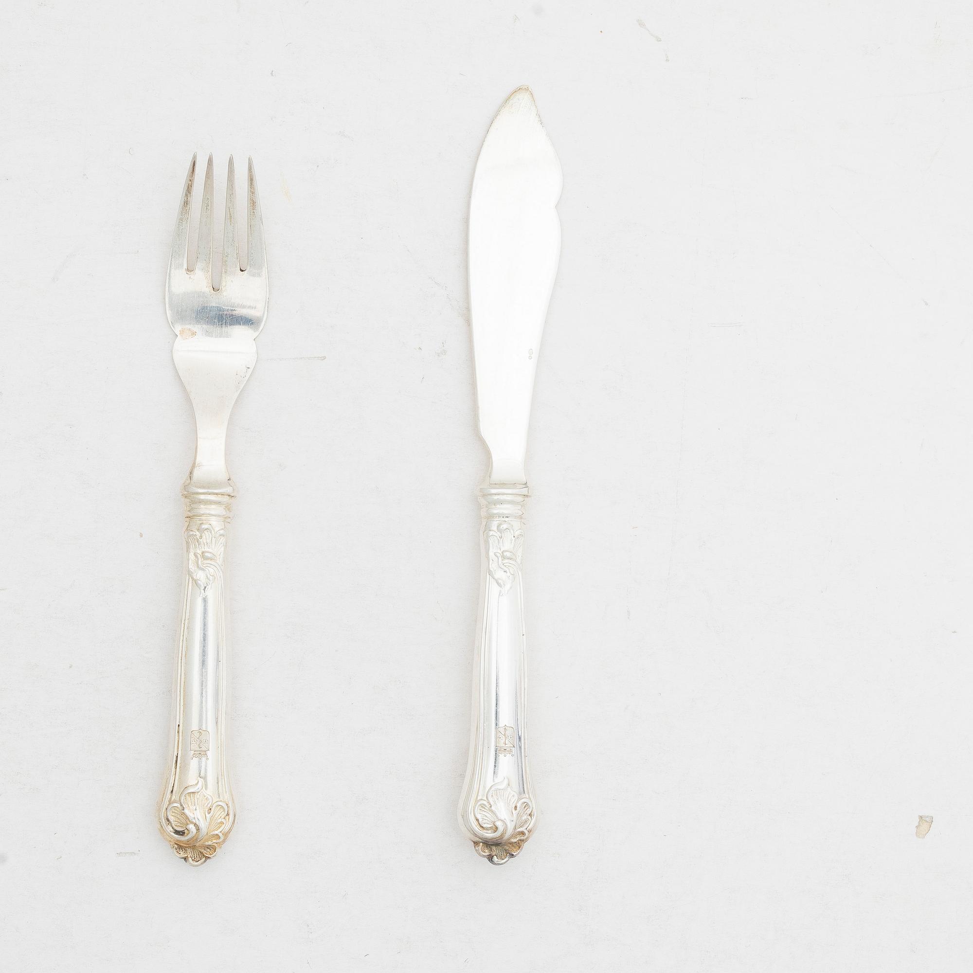 Fiskbestick, 16 st, silver, "Sachsisk", svensk importstämpel.