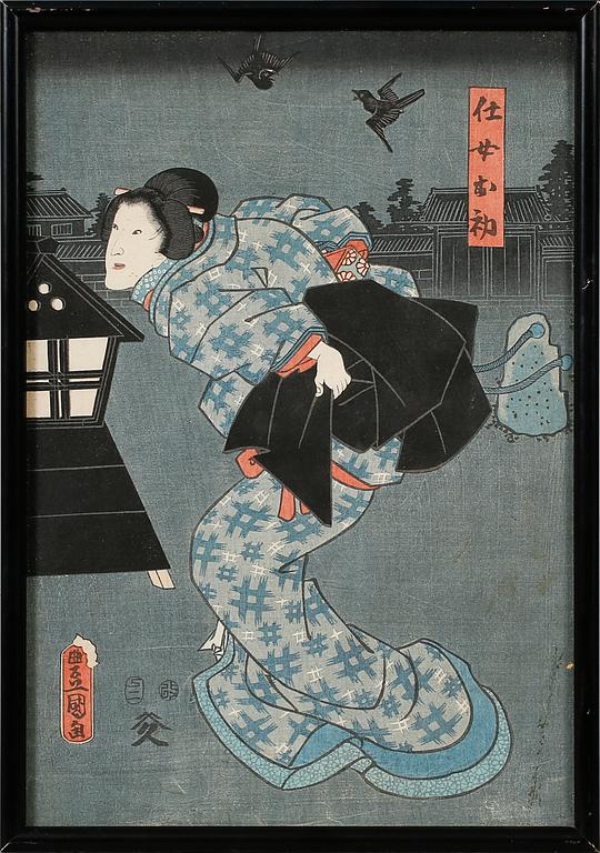 UTAGAWA KUNISADA (TOYOKUNI III), tillskrivna, 3 st, träsnitt, signerad i trycket.