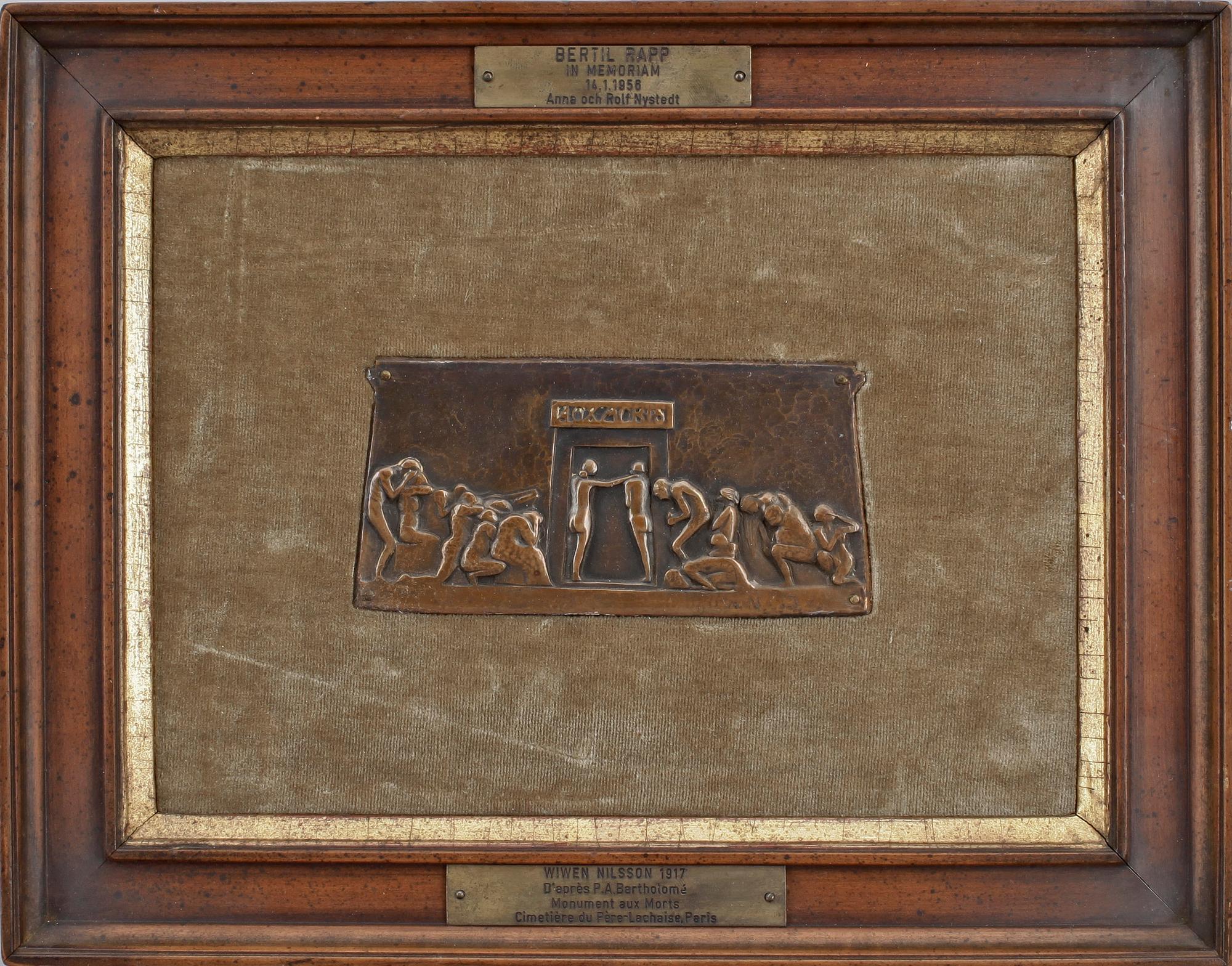 WIWEN NILSSON  kopia efter P.A Bartholomé, relief, koppar, signerad.