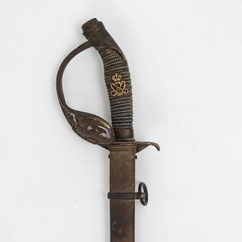 A 1889 pattern Prussian infantery officer's sabre with scabbard.