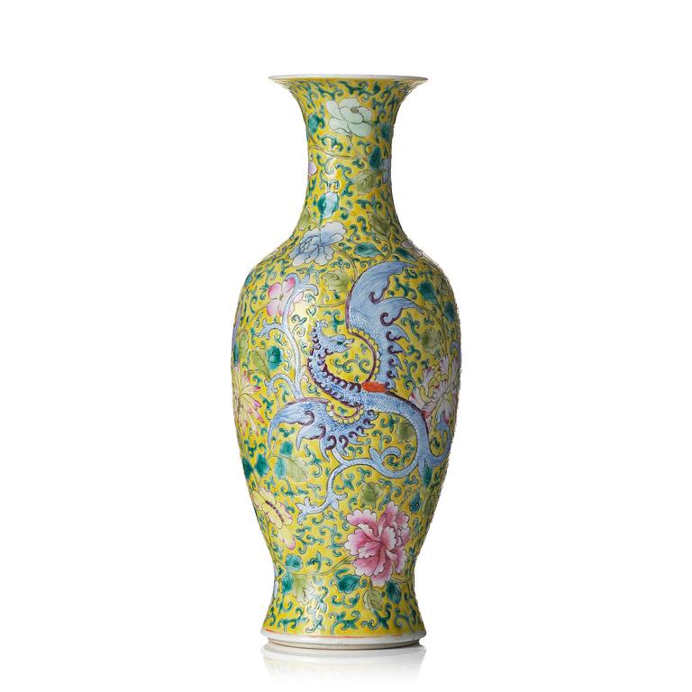 A Chinese yellow ground 'phoenix' vase, Republic period, 20th century.