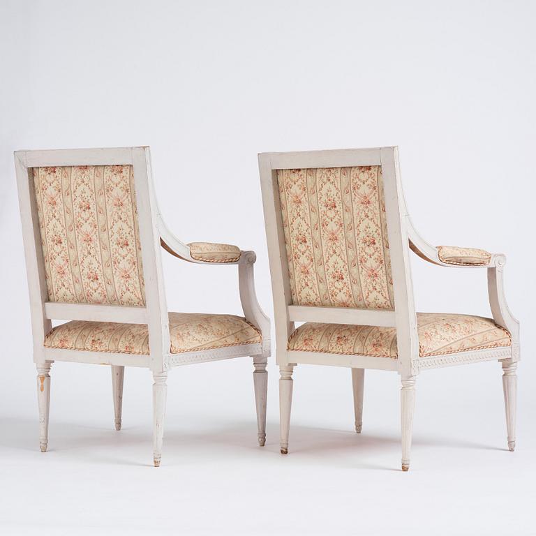 A pair of Gustavian open armchairs by J. Lindgren (master in Stockholm 1770-1800).