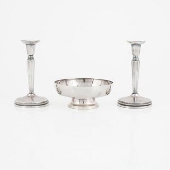 Eric Löfman, candlesticks, a pair, and bowl, silver, KG Markströms, Uppsala 1977-79.