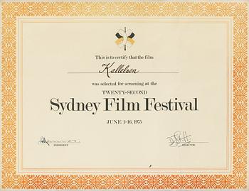 CERTIFIKAT, 2 st,  för medverkande av tv-filmen "Kallelsen", regi: Sven Nykvist.