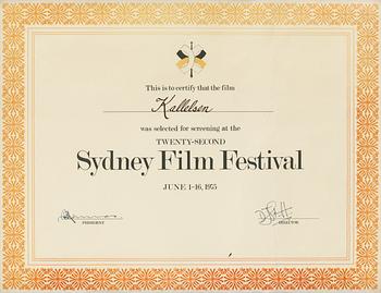 CERTIFICATE, 2 pieces. For "Kallelsen", director: Sven Nykvist.