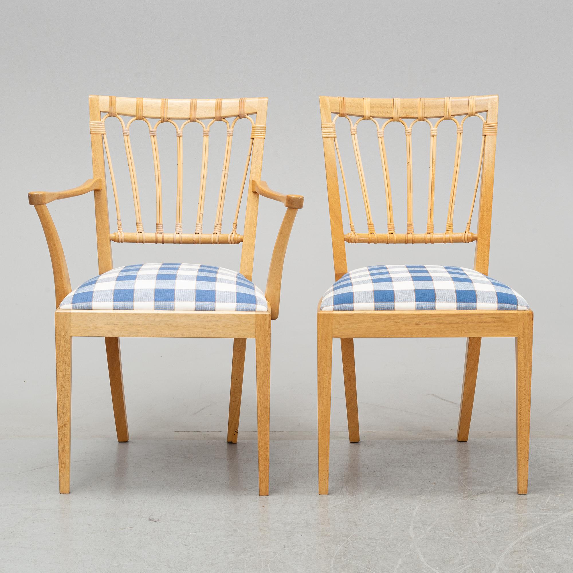 Josef Frank, stolar, modell 1165, 8 st + 2 karmstolar, Firma Svenskt Tenn, formgivna 1946-47.