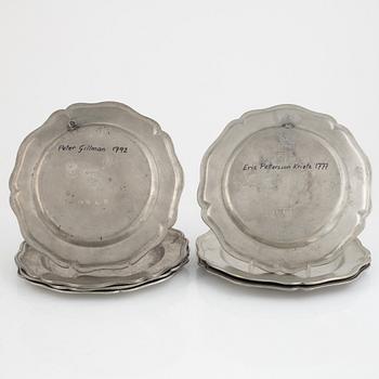 Pewter plates, 12 pcs, similar, pewter, 1762-1792.