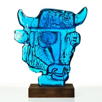 Edvin Öhrström, a blue/ turquoise coloured cast glass sculpture of a bull's head, Lindshammar glassworks, Sweden, signed and dated 1953.