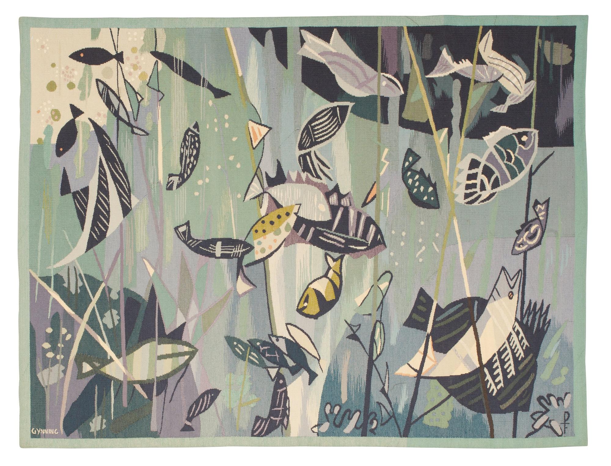 VÄVD TAPET. "Poissons verts" ("Gröna fiskar"). Gobelängteknik. 106 x 139 cm. Signerad GYNNING PF.