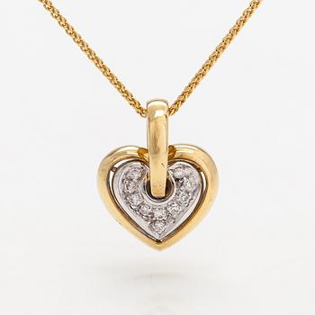 An 18K gold necklace with a heart shaped pendnat with diamonds ca. 0.09 ct in total.