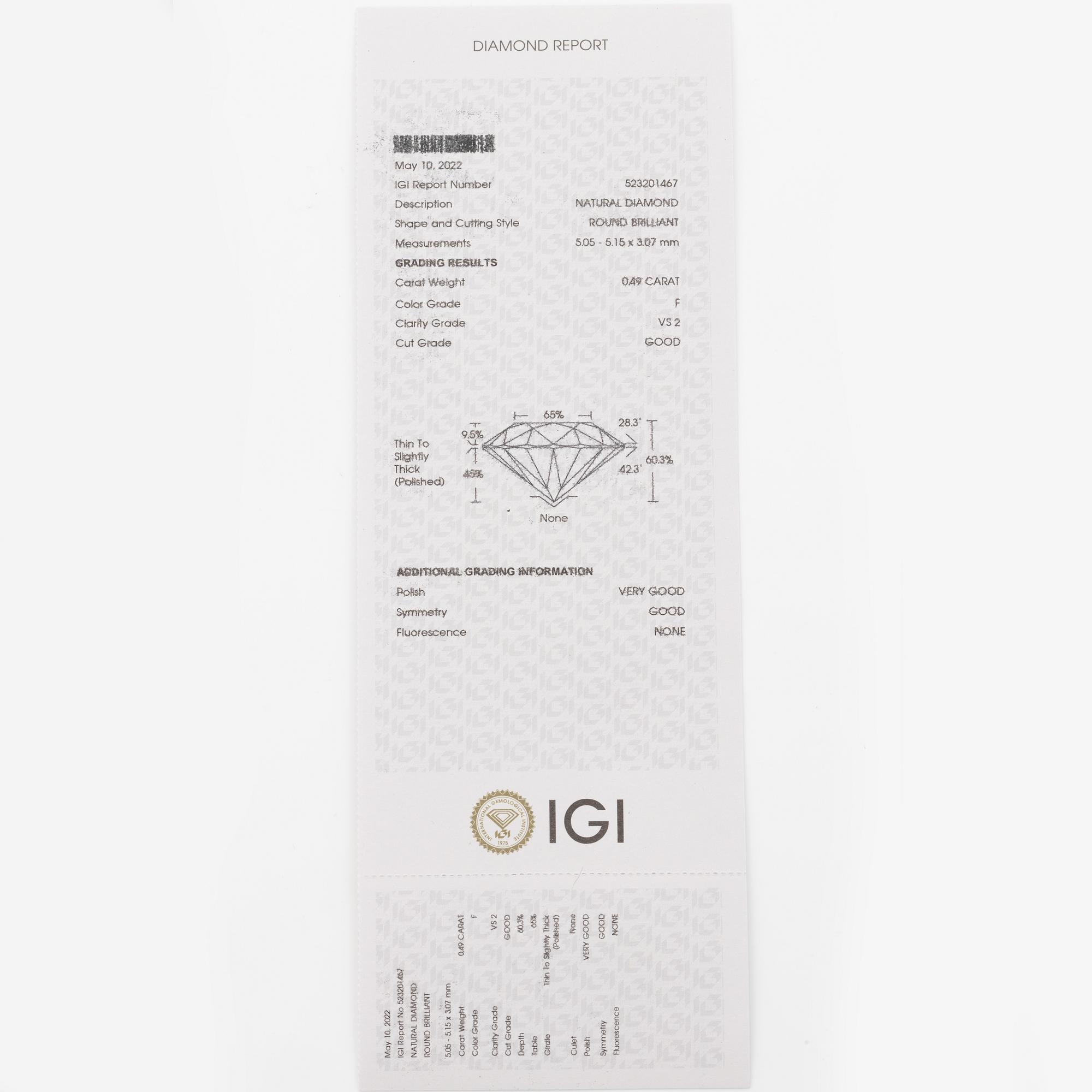 Ring 18K white gold set with a brilliant-cut diamond, accompanied by an IGI report.