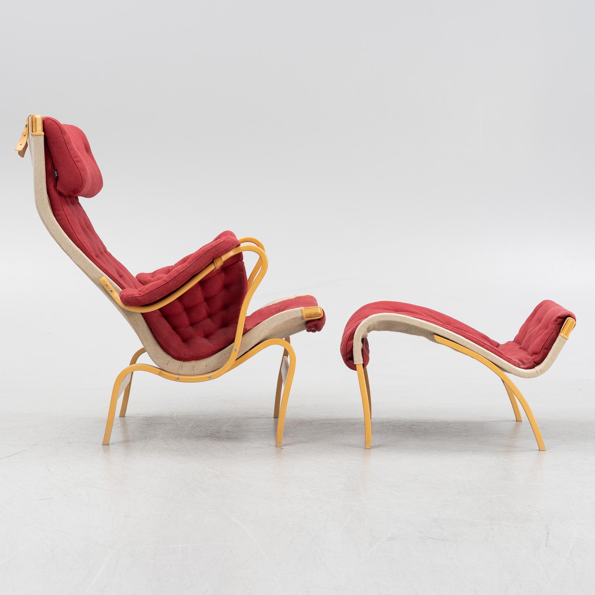 Bruno Mathsson, a 'Pernilla' armchair and a stool, Dux.