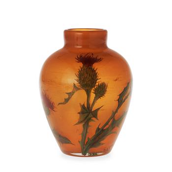 A Betzy Ählström amber coloured glass vase with enamel painted decoration of thistle flowers, Reijmyre 1901-02.