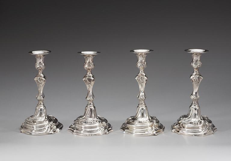 A set of four Swedish 18th century silver candlesticks, makers mark of Jonas Thomasson Ronander, Stockholm 1761.