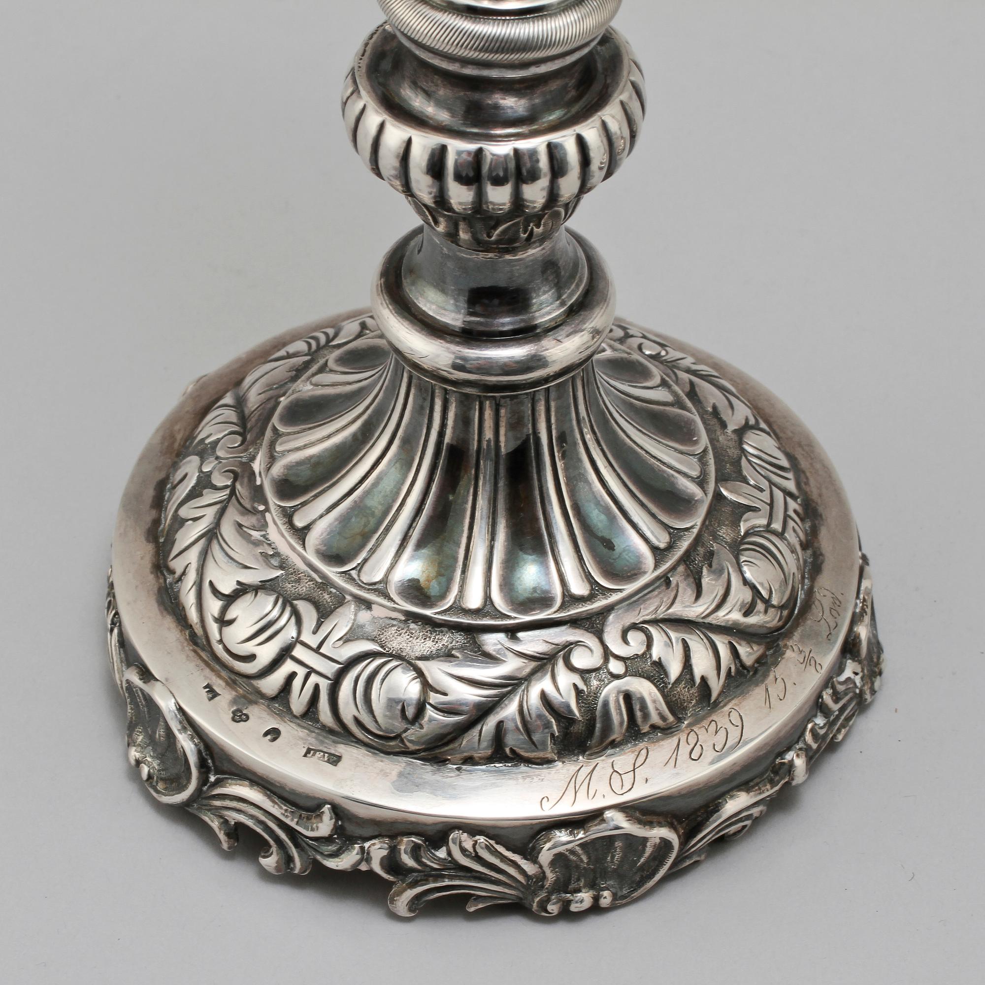 LJUSSTAKAR, ett par, silver, stämplade Johan Fredrik Wolfram, Stockholm, 1839.