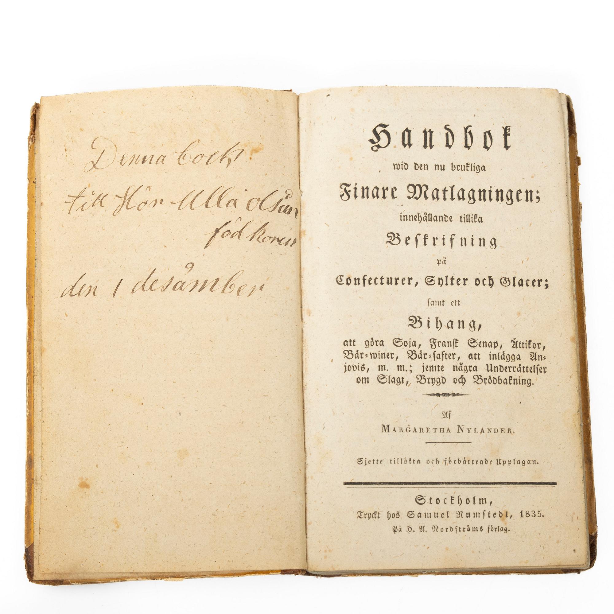Åtta kok- och handböcker inkl. Cajsa Warg, 1780-1897.