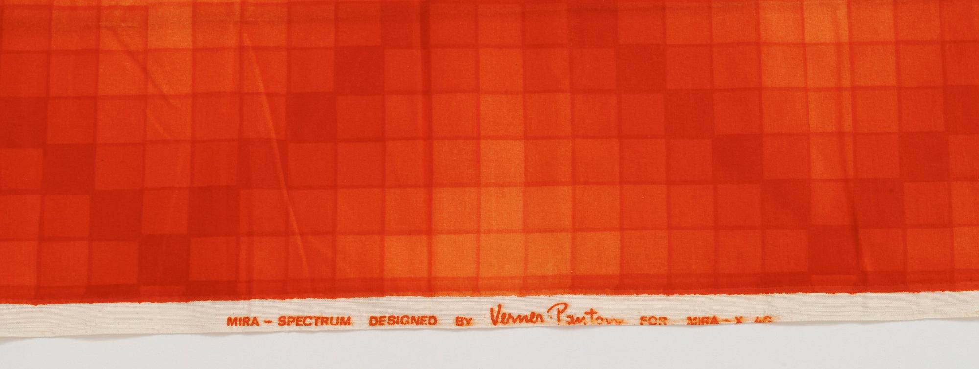Verner Panton, CURTAINS, 2 PIECES, AND SAMPLERS, 11 PIECES.  Cotton velor. A variety of orange nuances and patterns. Verner Panton.