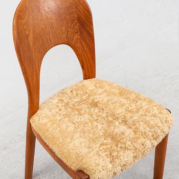 A set of ten teak dining chairs upholstered in sheep skin by Niels Koefoed, Denmark, 1960's.