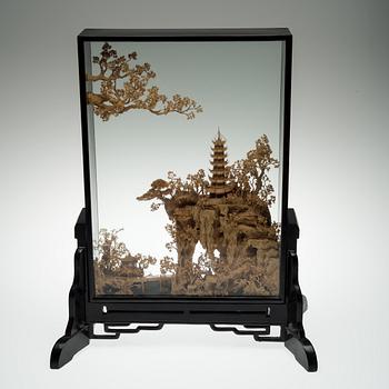 DIORAMA with a wood and cork carving of a chinese landscape, China 20th century.