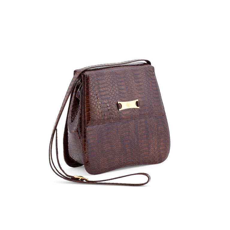 SANDRO VICARI, a brown snakeskin shoulder bag.