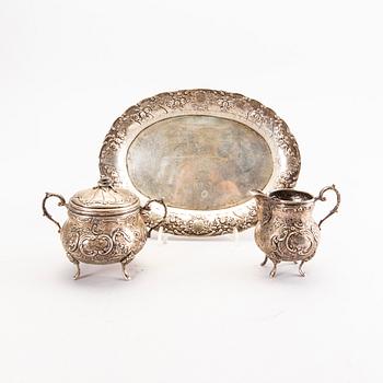 A Swedish 20th century set of three pcs of creamer and sugar-bowl, mark of JL Hultman Stockholm 1954, total weight 422 g.