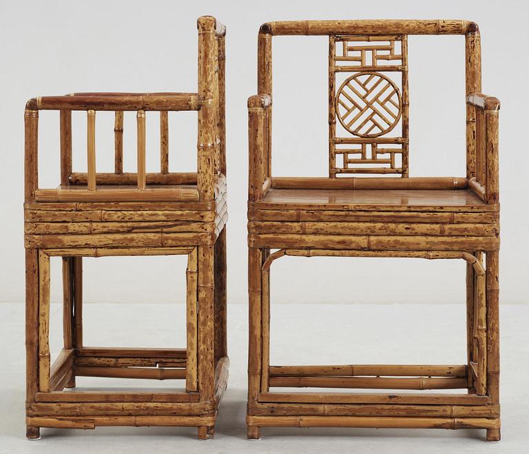 A pair of Bambu and Hardwood armchairs. Qing dynasty, 19th Century.