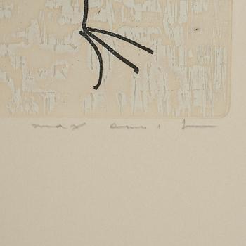 MAX ERNST, färgetsning med collage signerad med blyerts 23/100. Utförd 1975.