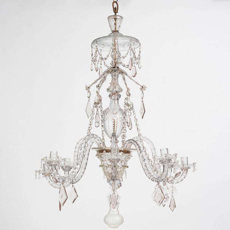 An Irish George III cut glass eight light chandelier, later part of the 18th century.