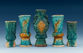 A five piece turquoise-glazed Fahua altar garniture, Ming dynasty (1368-1644).