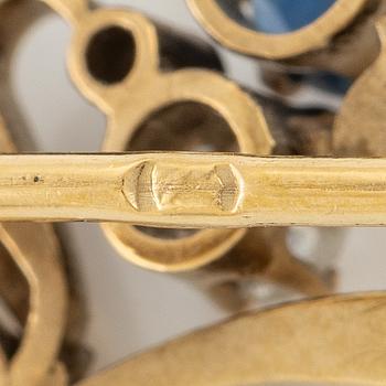 Brooch, 14K gold, Art Nouveau, set with a sapphire and old-cut diamonds.