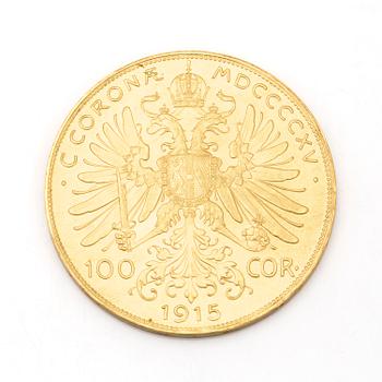 AUSTRIAN 100 CORONA GOLD COIN, 21,6 ct, 1915. Ca 34 grams.
