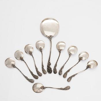 Glasskedar, 9 st, och serveringsspade, silver, Tyskland 1900-talets första hälft.