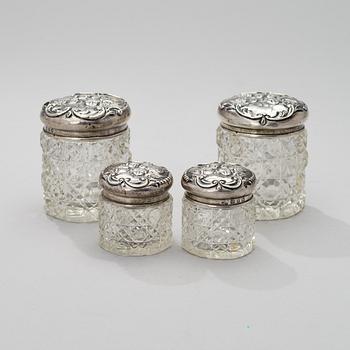 CUT GLASS JARS WITH SILVER LIDS, two pairs, Levi & Salaman, Birmingham 1898.