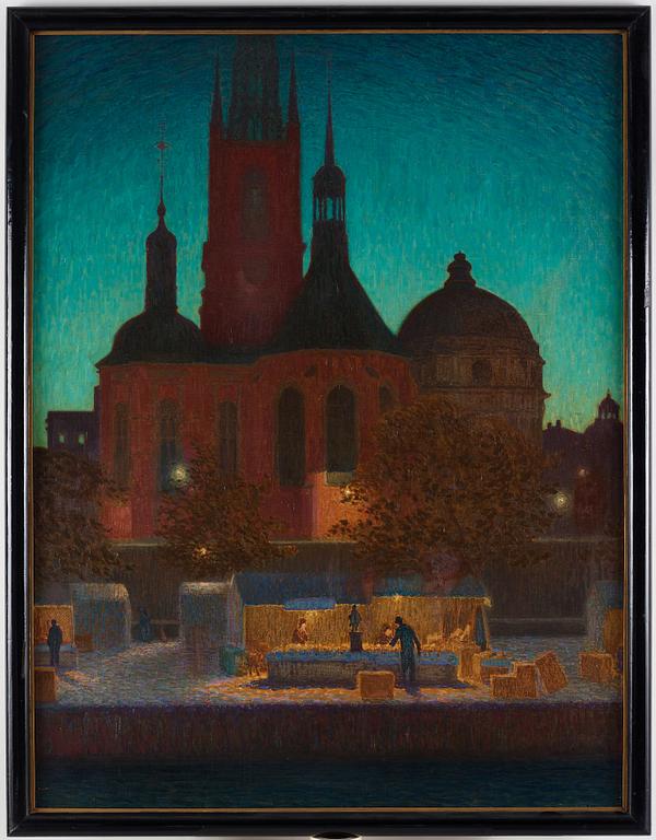 Pelle Swedlund, Nocturnal market scene, Riddarholm Church, Stockholm.