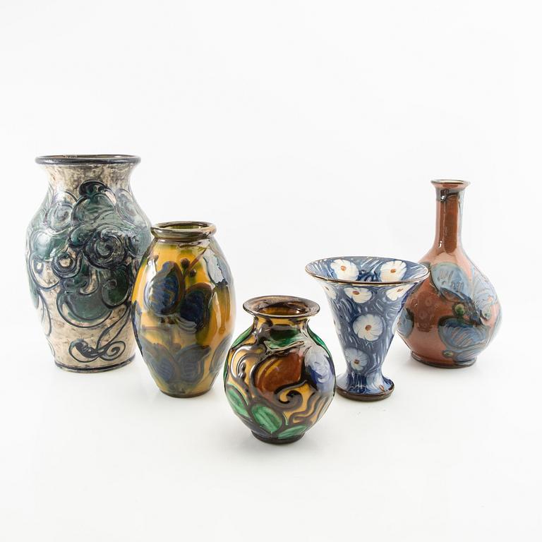 Hermann August Kähler, vases 5 pcs Denmark early 1900s glazed ceramics.